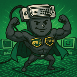 Techy superhero with a shiny silver connector as a mask, flexing its muscles.