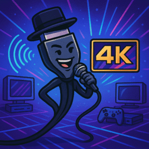 HDMI - sleek, cool character with a slim, black connector as a stylish hat.