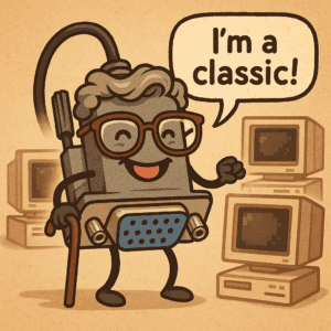 Cartoon VGA cable with retro glasses and cane